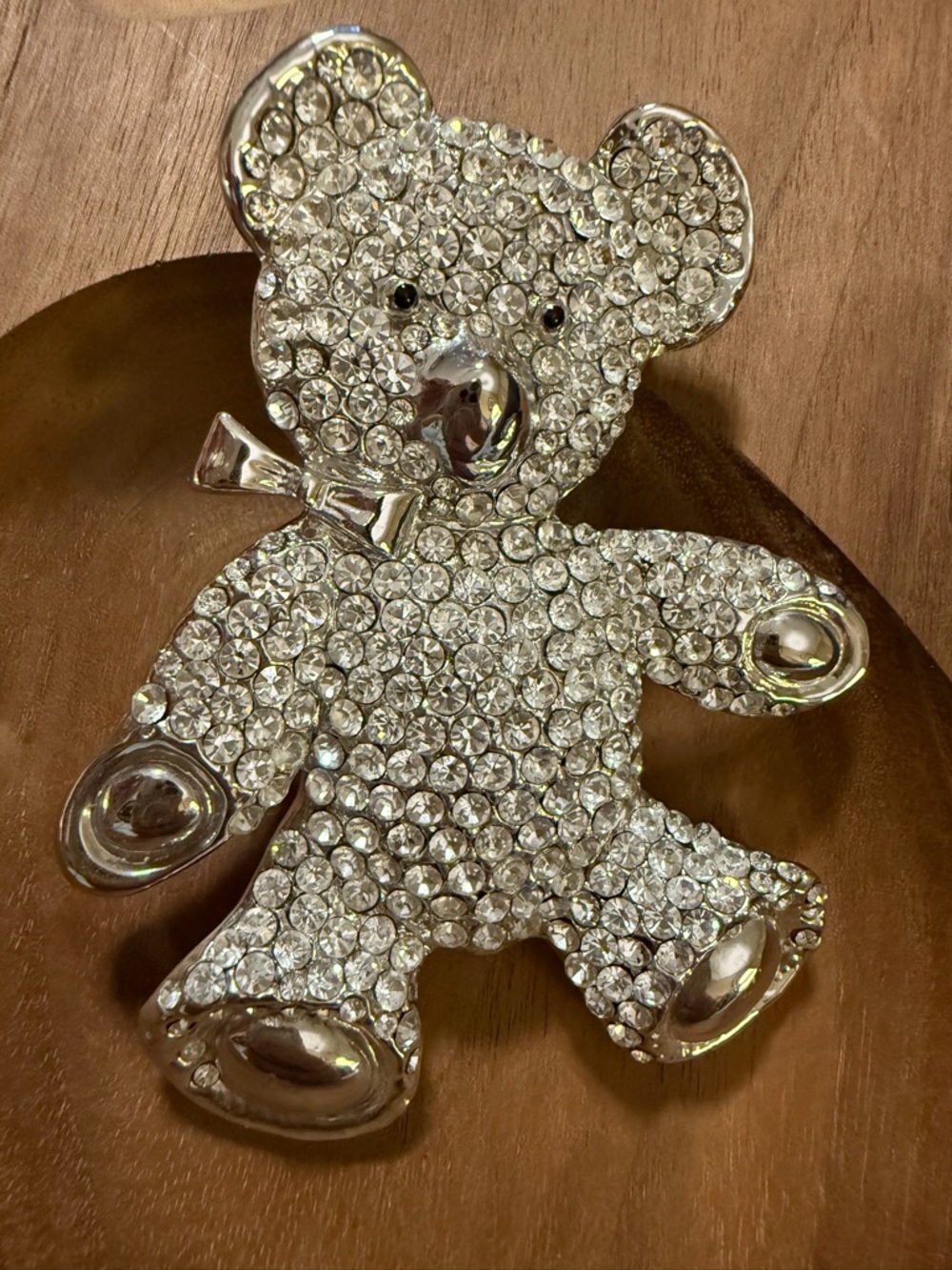 Crystal Teddy Bear Brooch - Clear Rhinestones